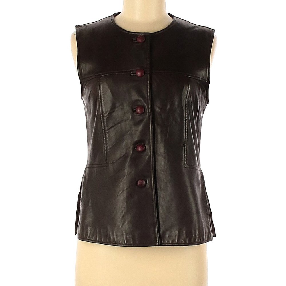 Rem Garson 100%Leather Vest Blk/Brownish w/ burg/brown buttons Size M Final pric